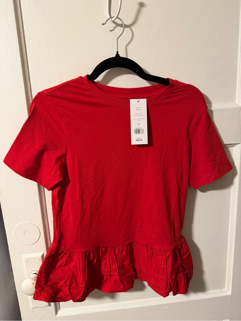 French Connection Peplum Bubble Hem T-Shirt Strawberry Red Sz Small